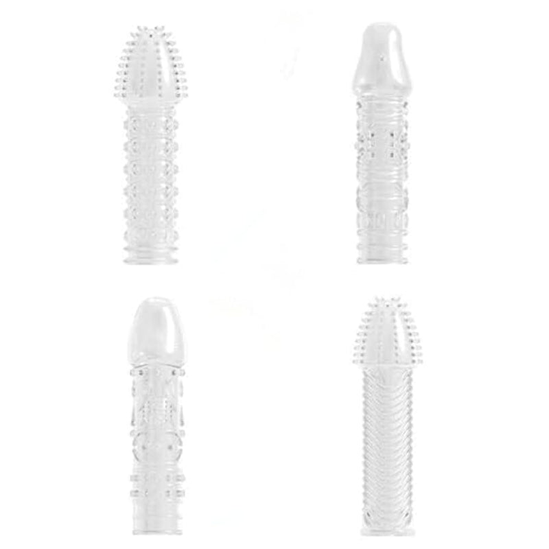 Transparent Threaded Condoms for Men - 4 Piece Set with Fine Crystal Sleeve