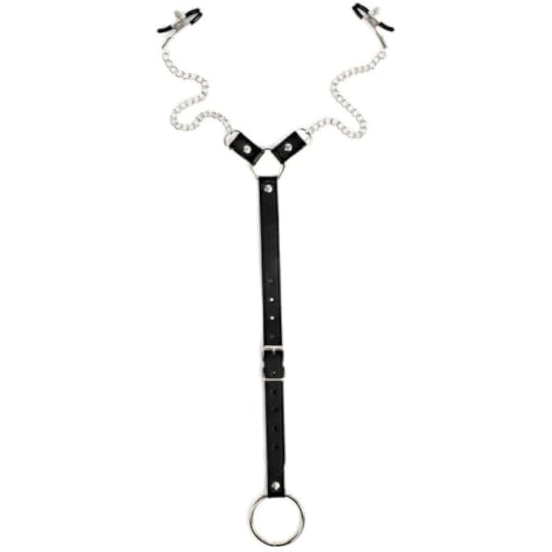 Bdsm Penis Ring With Nipple Clip For Men Pu Leather Collar Bondage Sm Extreme Slave Testicle Stretchers Pennis With Chains Sex Toy