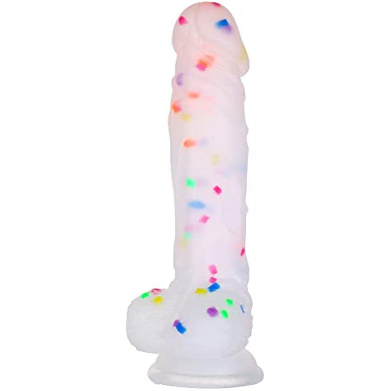 8.2 Inch Confetti Clear Silicone Dildo With Flared Suction Cup Base For Hands-Free Play, Flexible Dildo With Curved Shaft And Balls For Vaginal G-Spot And Anal Prostate