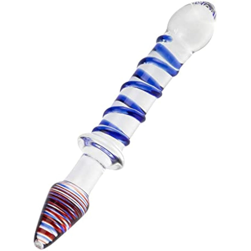 Glass Double Ended Dildo, Crystal Penis Cock Dong Anal Butt Plug Pleasure Wand With Blue Spiral For Men Women Stimulation