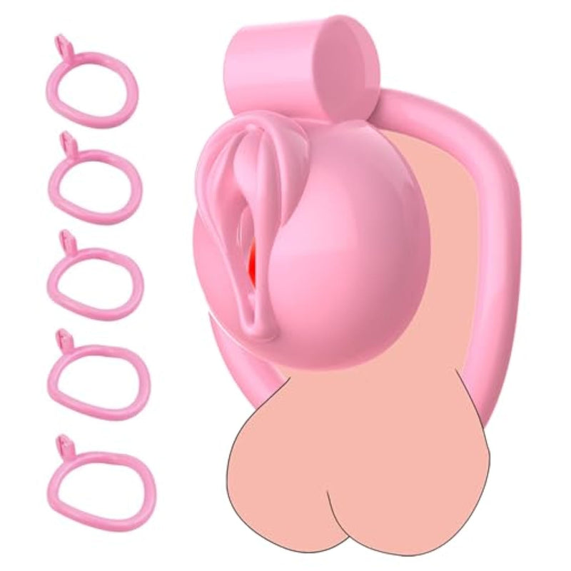 Pink Chastity Cage Lightweight Male Cock Cage Chastity Device With 5 Different Sizes Curved Rings And Invisible Button Lock Male Penis Cage For Couples Men Adult Sex Toys