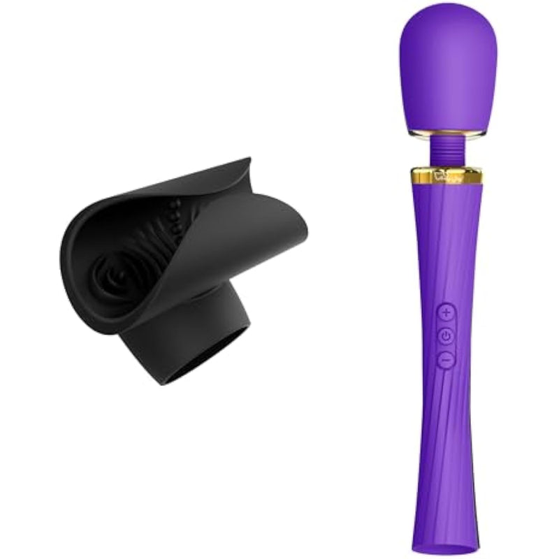 Sex Toy Bundle - Hammer Wand Vibrator Purple & Penis Play Attachment, Body-Safe Silicone, Waterproof