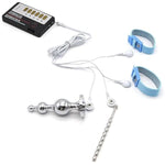Gourd-Shaped Metal Electric Shock Anal Plug, Male Bead Urethral Penis Plug, 2 Elastic Restraint Cock Ring Electric Shock Set