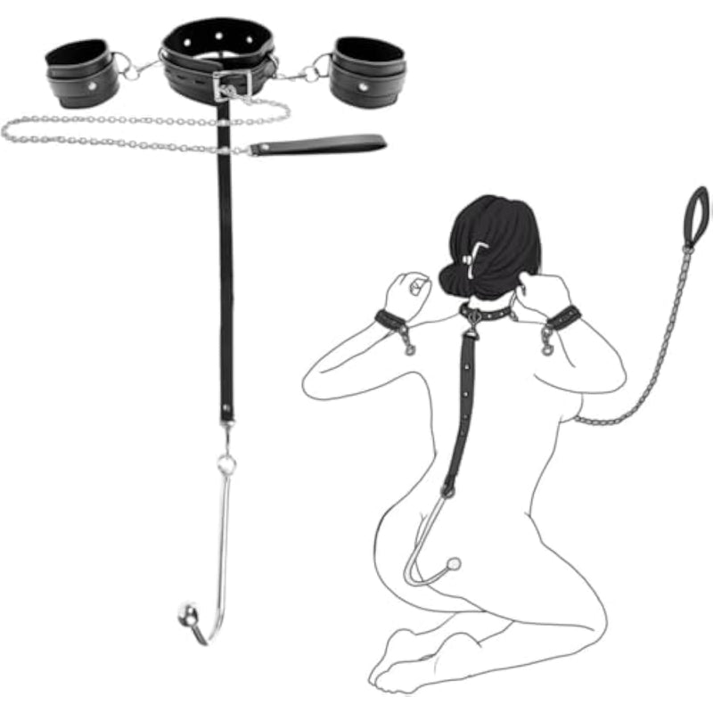 Anal Hook Sex Bondage Restraints Kit Bdsm Sex Toys Handcuffs Neck Collar Wrist Cuffs With Traction Chain Adjustable Sex Game For Adults Couples