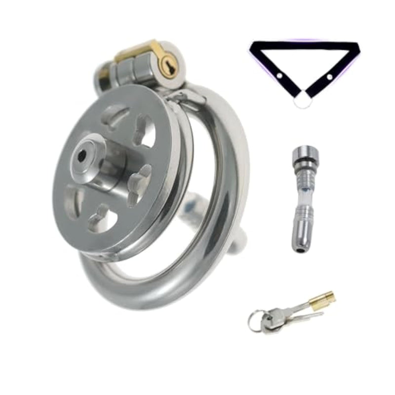 Flat Chastity Cage Made Of Metal Male Chastity Device With Catheter And Belt Cock Cage With Concealed Lock And Multiple Ventilation Holes For Restraining A Man'S Penis Sex Toys Penis Cage (1.77In,A)