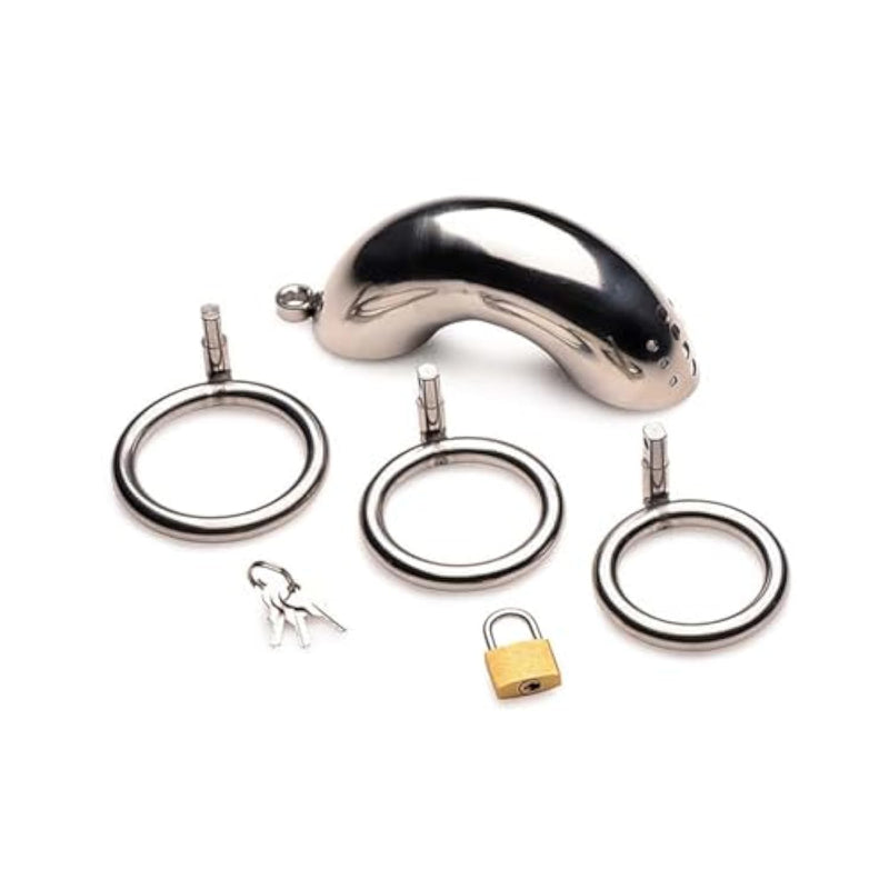 Locking Stainless Steel Chastity Cage W/ 3 Rings, Silver