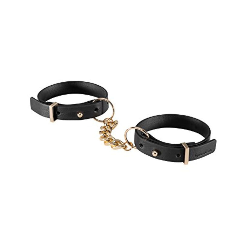 Maze Thin Handcuffs – Vegan Leather Double Bracelet Restraints – Discreet Bondage Jewelry – Peta-Approved, Adjustable, Recycled Materials – With Chain – Black