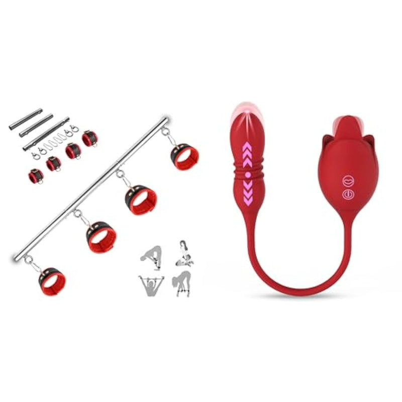 3In1Rose Sex Toys Dildo Vibrator With 10 Tongue Licking & 5Thrusting G Spot Vibrators+Bdsm Bondage Restraints With Handcuffs Ankle Cuffs