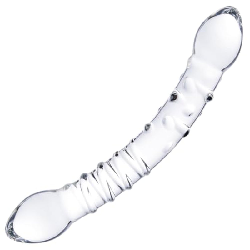 9.5" Glass Double-Ended Clear Dildo, Pleasure Wand With Ribbed And Dotted Texture, Crystal Curved Dual-Headed Transparent Dildo, G-Spot And Prostate Massager Anal Plug, Dual Toy For Men And Women