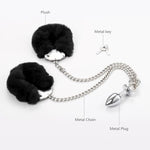 Metal Butt Plug With Furry Handcuffs Stainless Steel Wrist Restraints & Anal Plug Adult Sexual Toys For Women (Black)
