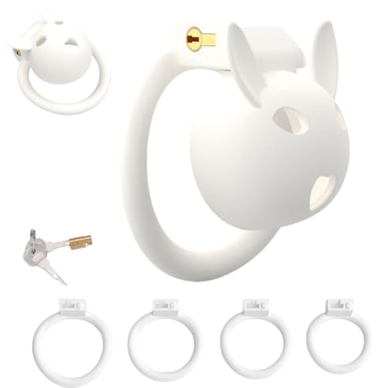 White Rabbit Ears Chastity Cage Sex Toy With 4 Different Sized Rings, Breathable Cb Penis Cage With Concealed Lock For Men Sm Bondage And Restraint