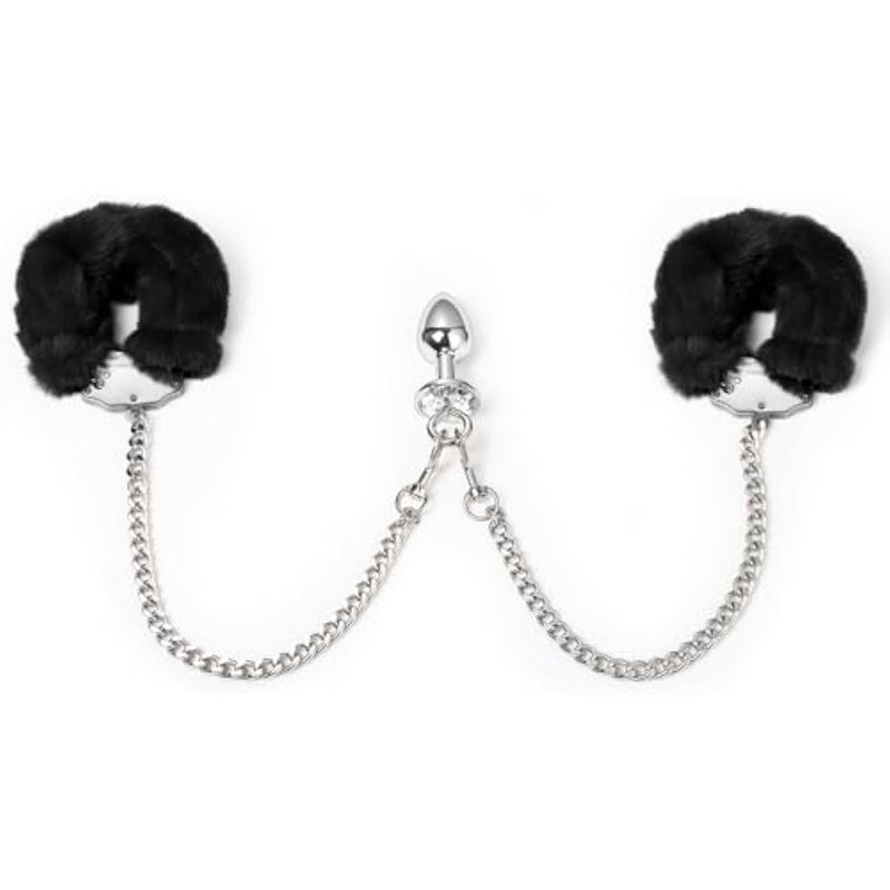 Metal Butt Plug With Furry Handcuffs Stainless Steel Wrist Restraints & Anal Plug Adult Sexual Toys For Women (Black)