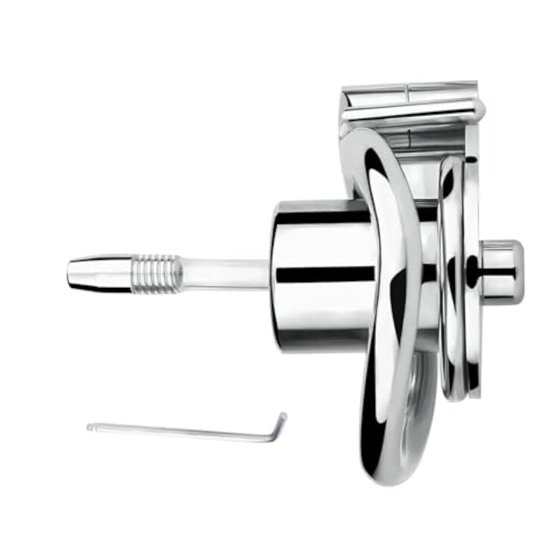 Male Adult Sex Toy - Inverted Metal Chastity Device with Silicon Catheter for Penis Exercise and Bondage