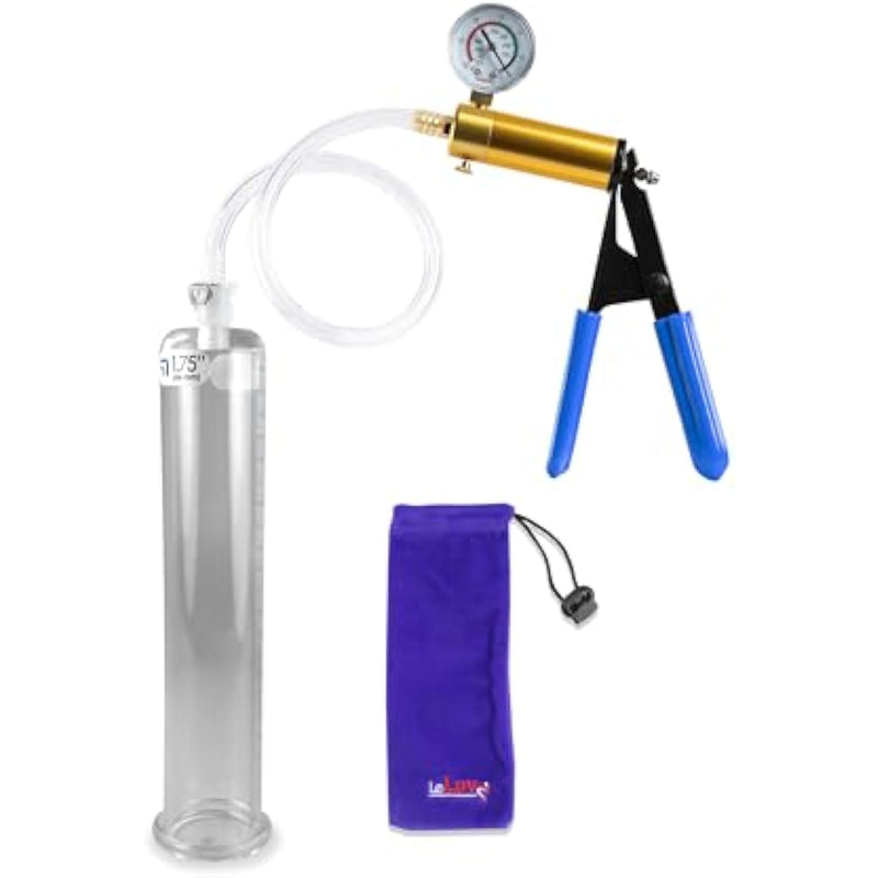 Penis Pump Kit Ultima - Brass Handle, Blue Rubber Grips, Clear Hose + Gauge - 9" X 1.75" Cylinder