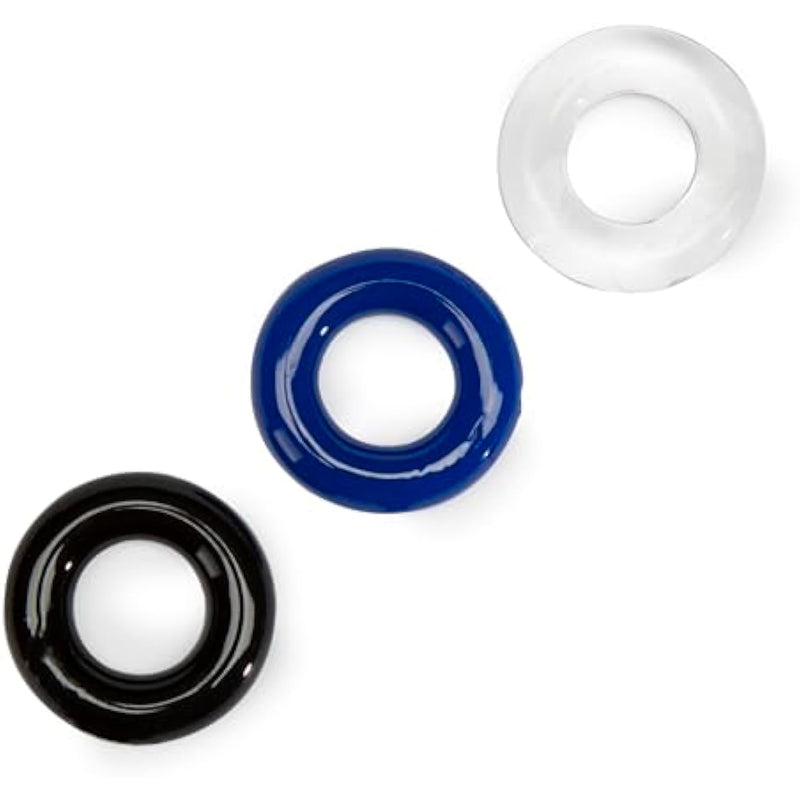 Doughnut Cock Ring Multipack - Stretchy Penis Ring - Waterproof - 3 Pack - Blue, Black & Clear