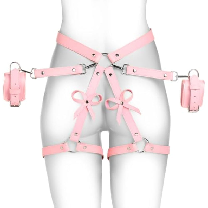 Pink Bondage Harness With Bows For Women, Men, & Bdsm Couples, Vegan Leather Restraints For Subs - Xl 2Xl, Pink.
