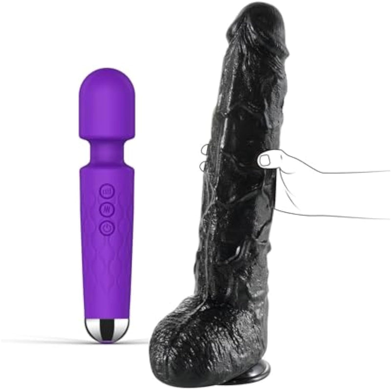 Rechargeable Personal Wand Massager + 17.3 Inch Long Realistic Huge Thick Dildo
