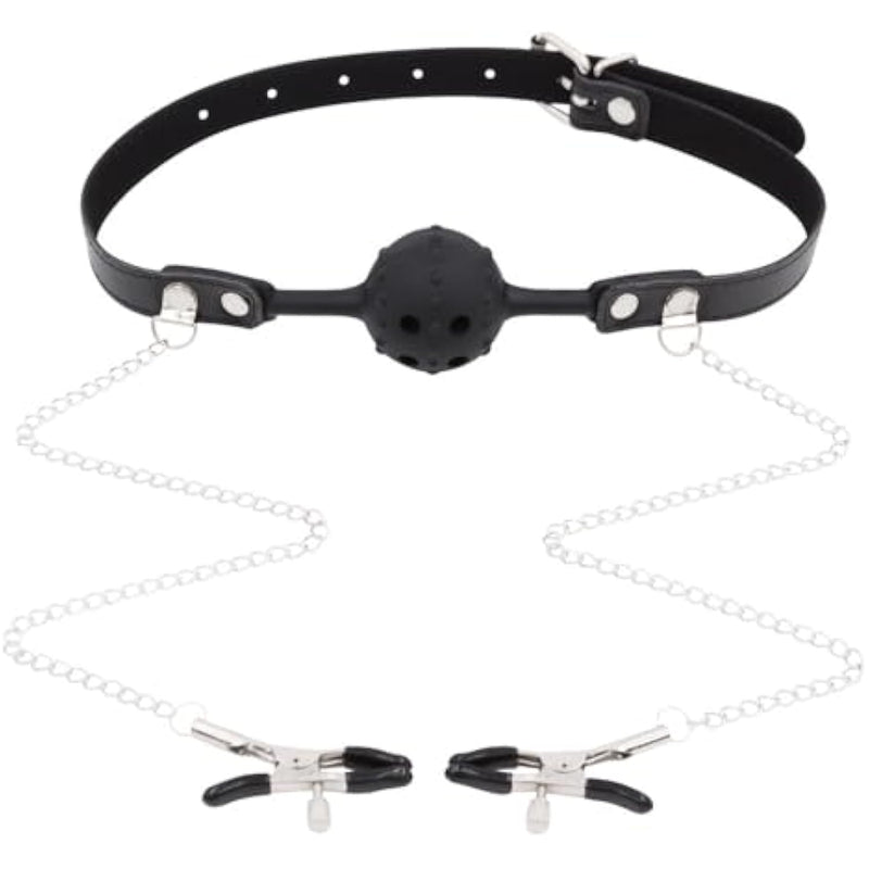 Bondage Restraints Bdsm Sex Toys-Gag Silicone Mouth Gag With Nipple Clamps Sex Flirting Sex Toy Adjustable Ball Gag Silicone Ball Gag With Air Holes Erotic Fetish Extreme Sex Toy For Couple Women