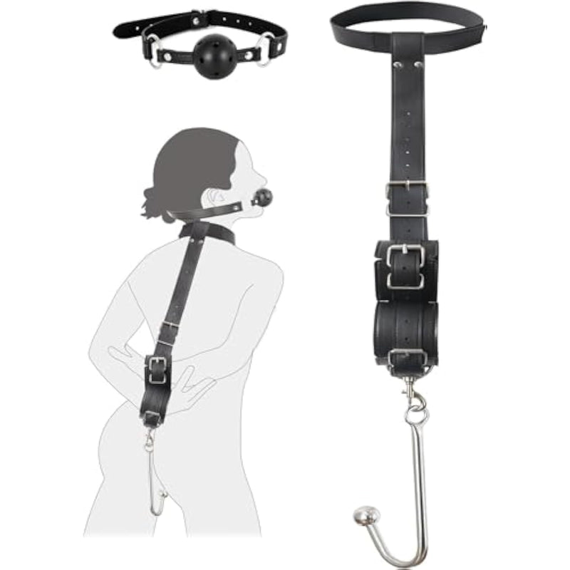Bdsm Sex Bondage Anal Hook, Neck To Wrist Behind Back Handcuffs Collar With Anal Trainer & Ball Gag, Bed Restraints Sex Game Accessories Kinky Fetish Role Play Adult Sex Toys For Couple Beginner
