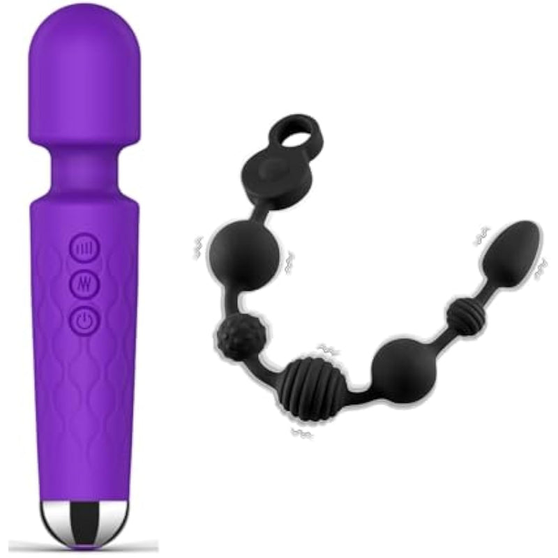 Rechargeable Silicone Wand Vibrator + 14 Inch Silicone Vibrating Anal Beads