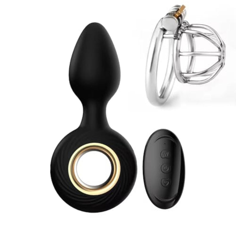 Stainless Steel Chastity Cage With Silent Lock And Vibrating Anal Plug With Remote Control And 12 Vibration Modes