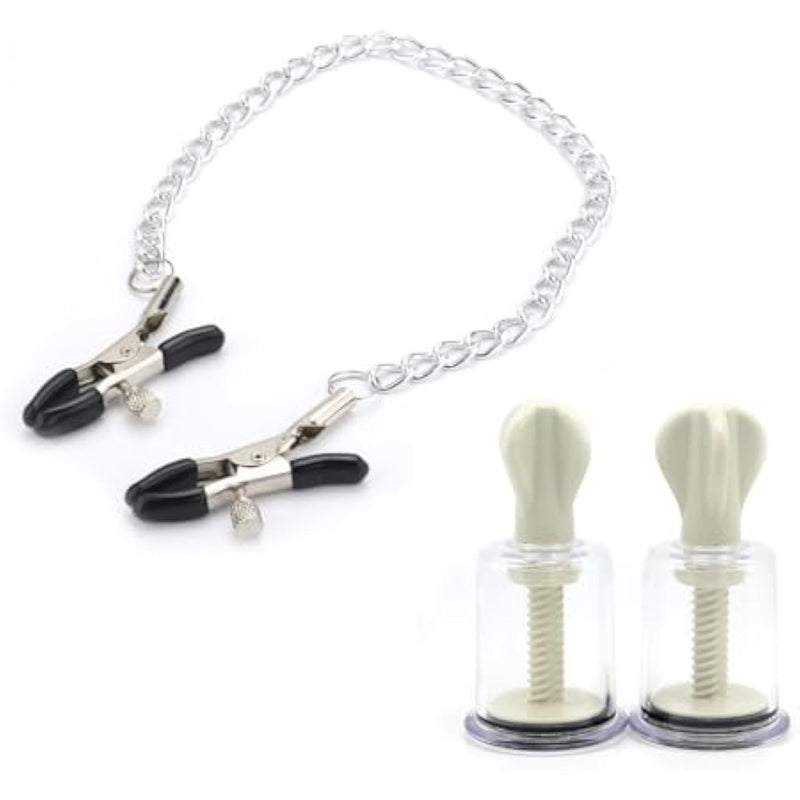 Adjustable Pressure Breast Clamps Stainless Steel Non Piercing Nipple Rings Decorative Clip 1Pcs Nipple Clips Clamps And 2Pcs Nipple Suckers,For Women/Men(3.8Cm)