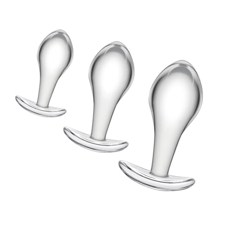 Crystal Clear Glass Anal Training Set with 3 Boat-Shaped Butt Plugs for Beginners