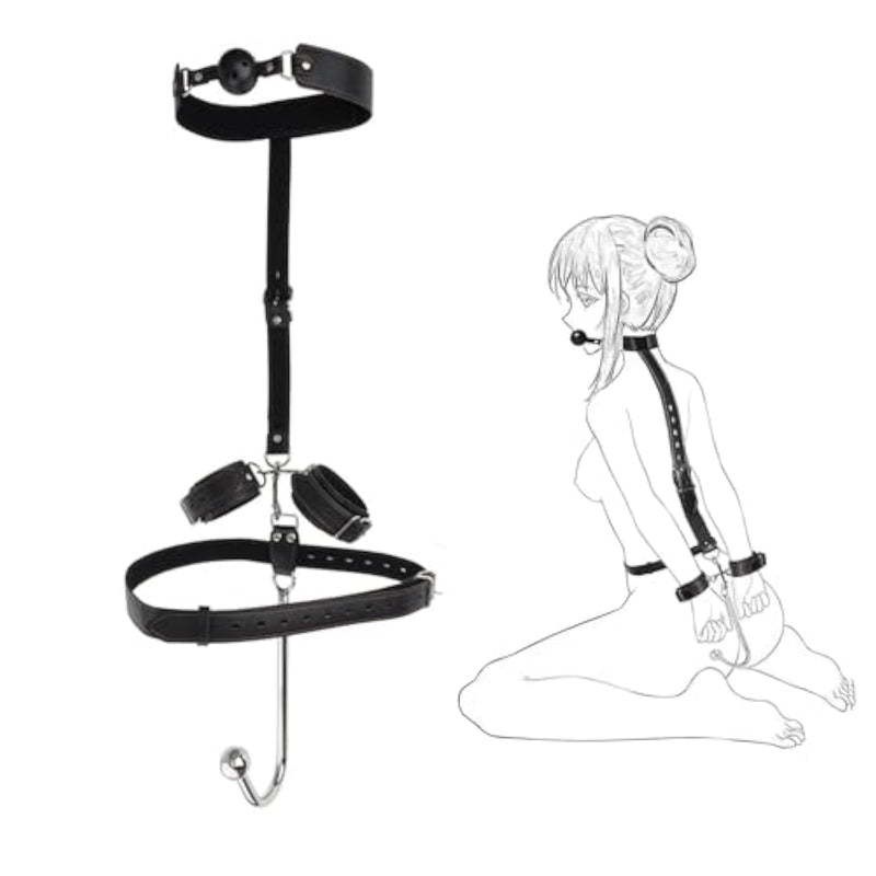 Anal Hook Bdsm Sex Bondage, Bed Restraint Kit With Adjustable Handcuffs Collar, Leather Furniture Restraint Set With Ball Gag And Adjustable Leather Handcuffs, Adult Sex Toys For Couple Foreplay