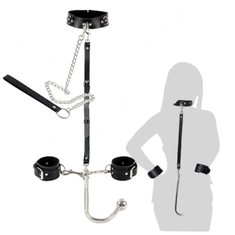 Anal Hook Bdsm Bondage Set With Adjustable Handcuffs & Collar Leather Restraints Kit With Towing Chain Anal Plug Sex Toy For Adults Erotic Slave Games Foreplay