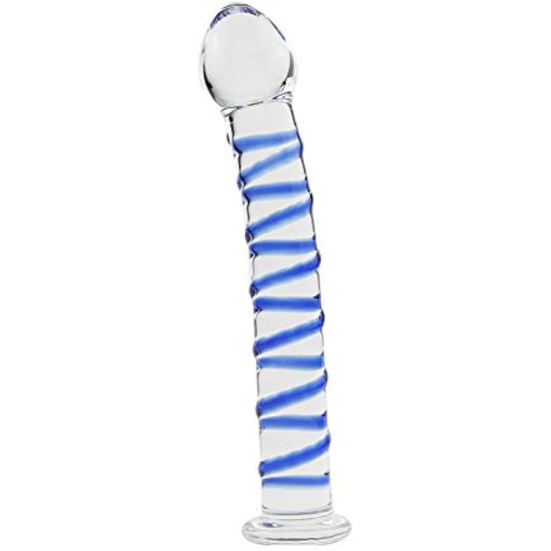Crystal Glass Pleasure Wand Dildo Penis With Blue Raised Spiral Texture Mushroom Tip Anal Butt Plug
