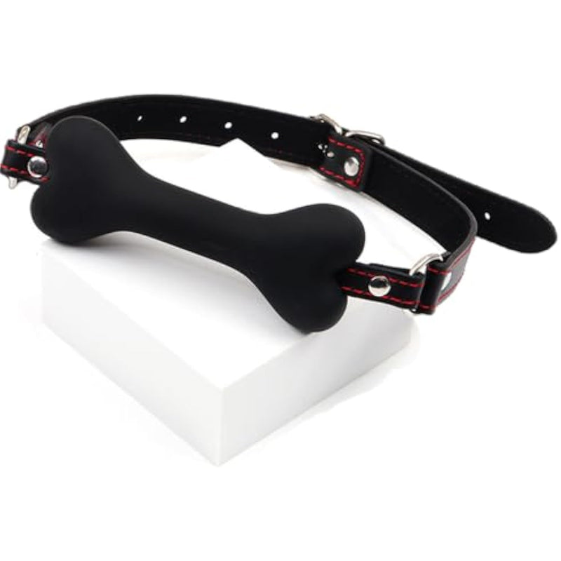 Silicone Dog Bone Gag Mouth Black Pet Bones Gag Bondage Adjustable Mouth Leather Strap Sex Toys Slave Sm Game For Lover Couple (Black)