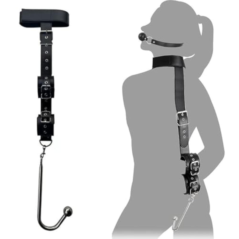 Anal Hook Bdsm Sex Bondage - Bed Restraint Kit Sex Bondage Collar With Anal Hook & Ball Gag Sm Slave Leather Neck To Wrist Bondage Anal Ball Fetish Couples Sex Game Tool