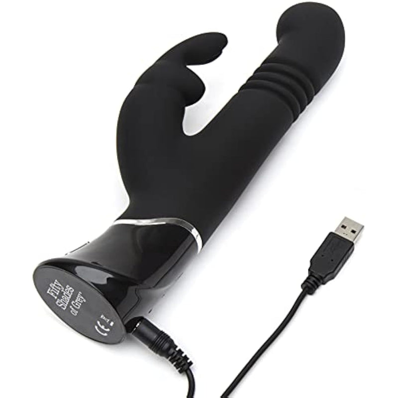 Fifty Shades Of Grey Greedy Girl Thrusting Rabbit Vibrator - 4.5 Inch Silicone Thrusting Vibrator For Women - Dual Stimulation Adult Sex Toy - Rechargeable & Waterproof - Gifts For Women - Black