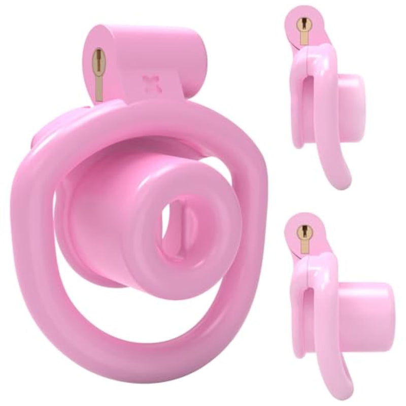 Inverted Chastity Cage Micro Slave Sex Toy Set with 4 Cock Rings and Key - Large, Pink
