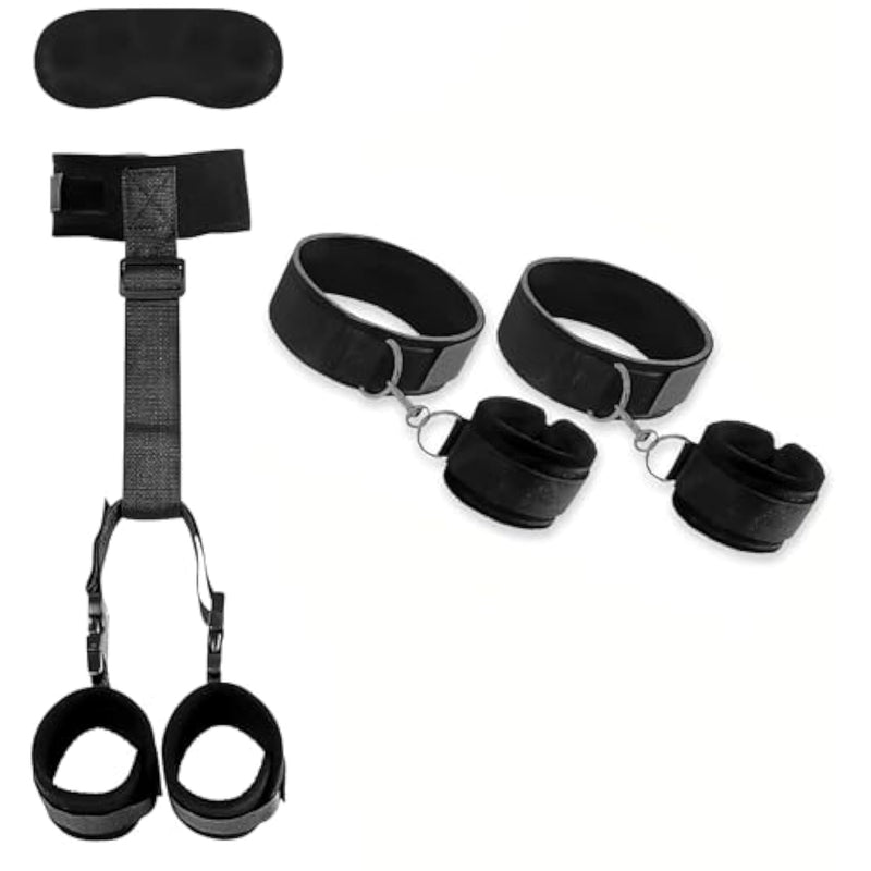 Sex Bondage Wrist Thigh Cuffs Bdsm Restraints Set Sex Toys For Women Neck To Wrist Restraints Bondage Set Adjustable Leg Straps Handcuffs Blindfold For Bed Sm Games Couple Play, Black