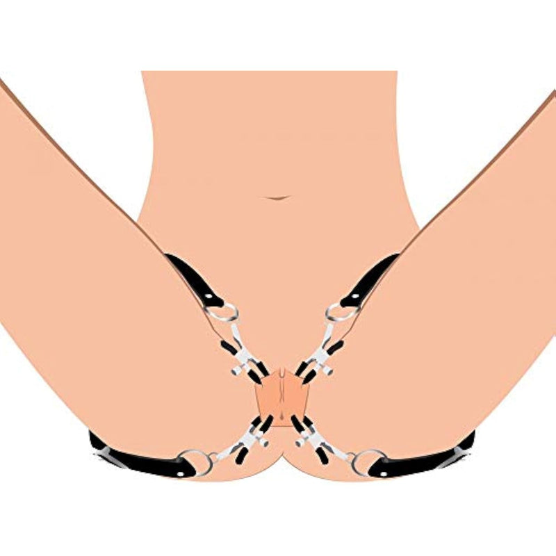 Spread Xl Labia Spreader Straps | Vegan Friendly Leather Straps And Rubber Tipped Pinchers To Spread Your Lips Open, Black (Ag465)