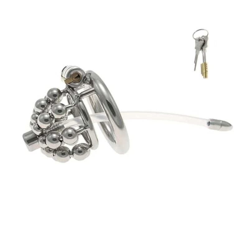 Metal Chastity Cage With 24 Beads Male Cock Cage With Concealed Lock And Catheter Sex Toys Hollowed Out And Breathable Chastity Device For Exercising And Restraining A Man'S Penis (1.96In,B)