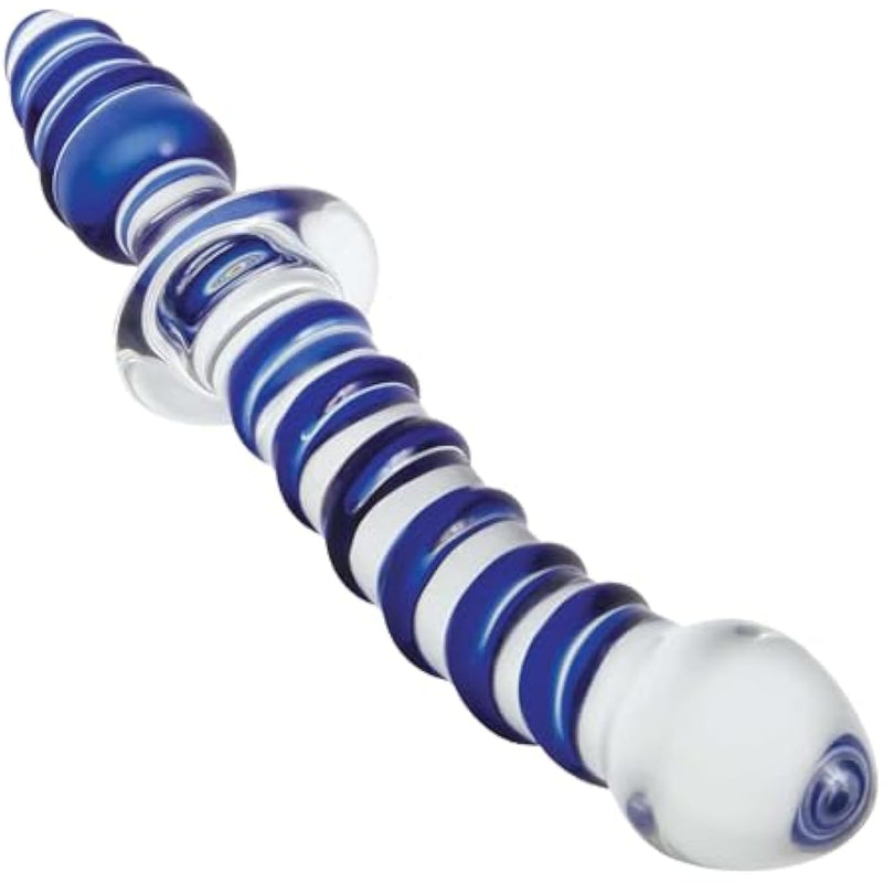 Twisted Love Glass Dildo And Butt Plug, Double Ended, Curved For G Spot And Prostate Stimulation, Textured Swirls, Plug Shaped End For Backdoor Play, Temperature Play, 9 Inches, Glass