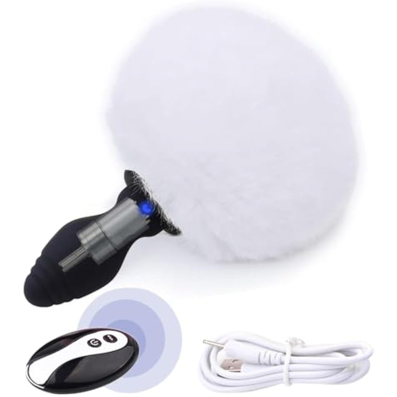 Bunny Tail Butt Plug Vibrator, Soft Silicone Anal Plug With White Furry Tail Plug, Wireless Remote Control Design, Rabbit Tail Trainer For Adult Sex Toys For Role Play Cosplay Women, Men And Couples