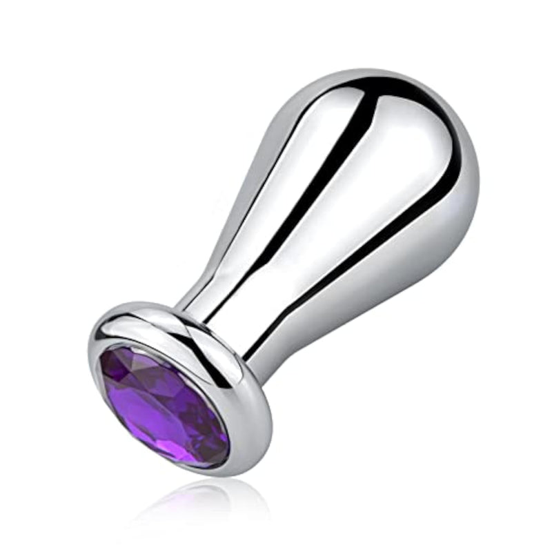 Bulb-Shaped Metal Anal Plug with Purple Gemstones for Prostate Massage and Anal Stretching