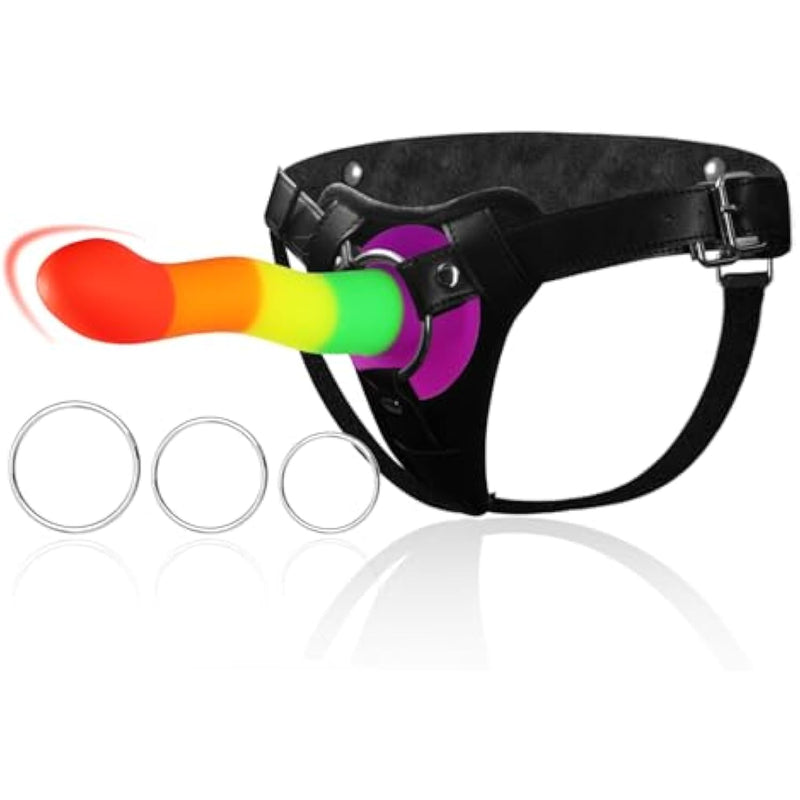 Strap On Dildo Harness Adult Sex Toys, Adjustable Leather Strapon Harness With 7.2" Rainbow Color Silicone Anal Dildo, Detachable Suction Cup Penis For Lesbian, Gay, And Couples Pegging Play