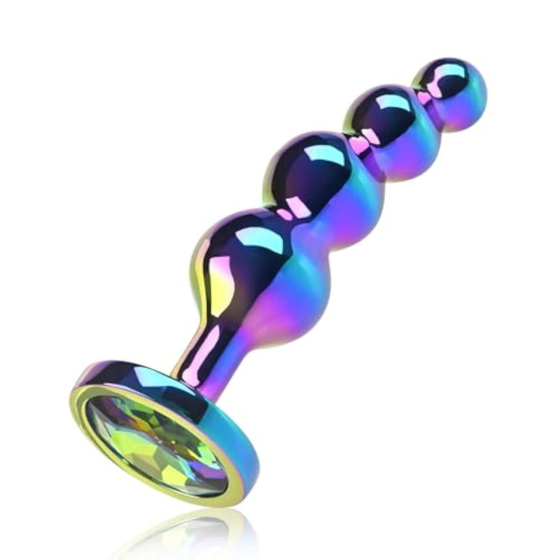 Metal Graduated Anal Beads with Jeweled Base Sturdy Curved Butt Plug for Men and Women