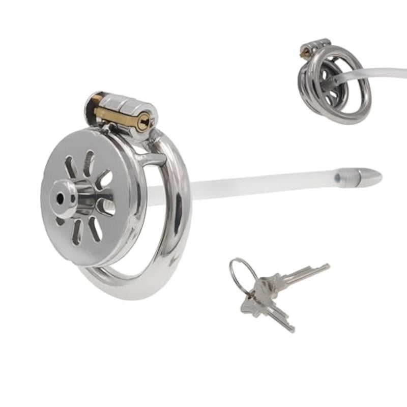Flat Chastity Cage With Catheter Male Sex Toys Metal Chastity Device Penis Cage With Concealed Lock And 2 Keys Breathable Cock Cage For Bondage Of Man'S Penis Stainless Steel Bondage Gear (1.77In,B)