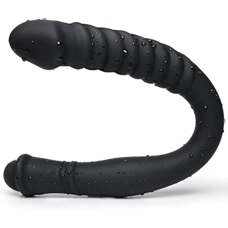 Double Ended Dildo 16.53 Inch Dong Ribbed Butt Plug With Glans For Anal Vagina Stimulation Double Side Cock Penis Prostate Massager Sex Toy For Lesbian Men Women, Black,