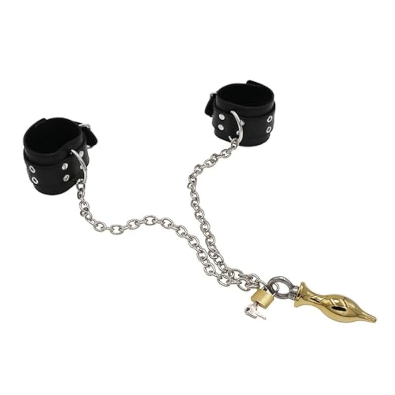 Bondage Handcuffs Set With Metal Butt Plug Lockable Chain Adjustable Leather Sex Handcuff Restraints For Bdsm Play Adult Restraints (Gold)