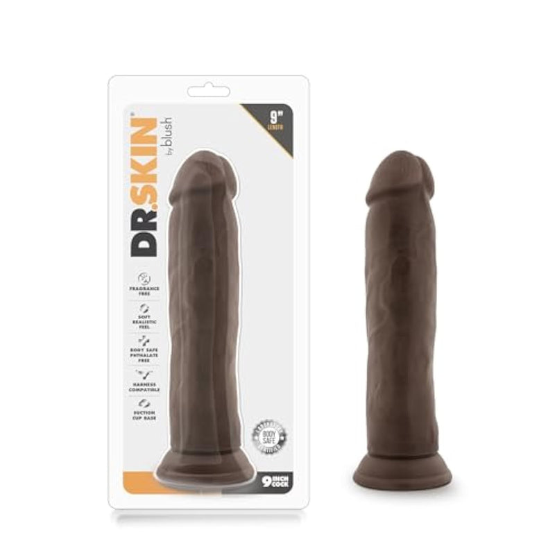 Blush Dr. Skin 9" Realistic Thick Dildo For Women & Men - 2" Wide Suction Cup Cock W/Veins - Soft Pvc, 8.5" Insertable Length - Strap-On Couples Anal Or Vaginal Roleplay Adult Sex Toy - (Chocolate)
