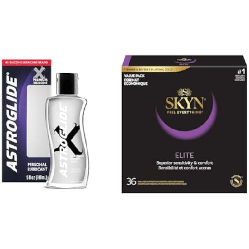 Astroglide X Premium Silicone Personal Lubricant (5oz), Extra Long-Lasting Silky & SKYN Elite – 36 Count – Ultra-Thin, Lubricated Latex-Free Condoms