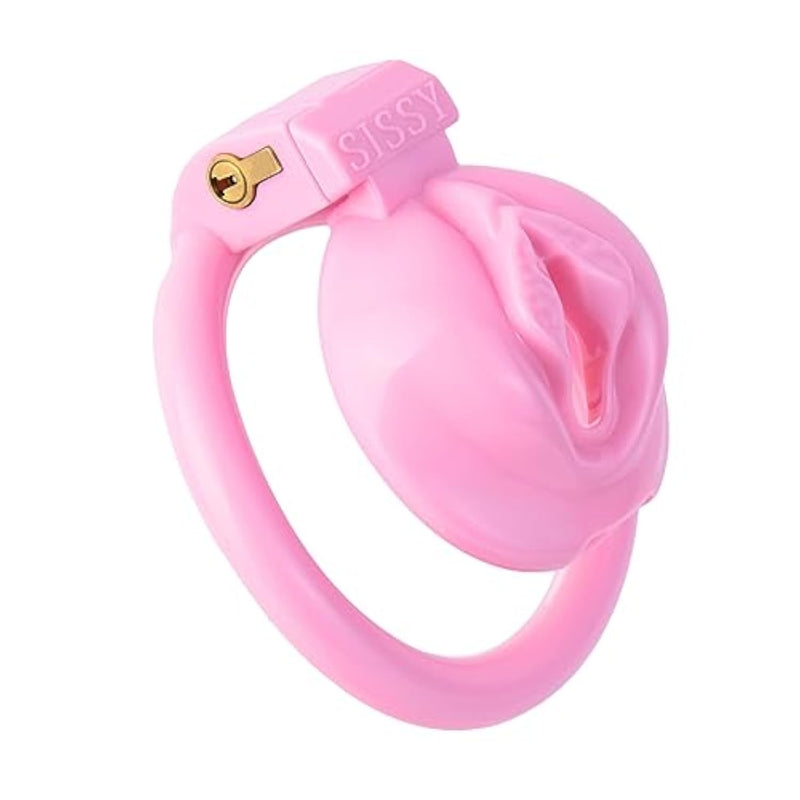 Male Chastity Device Sissy Chastity Cage,Chastity Cage Pink Fake Women Vagina Penis Cage With 4 Rings Resin Breathable Penis Ring Sex Toy For Male