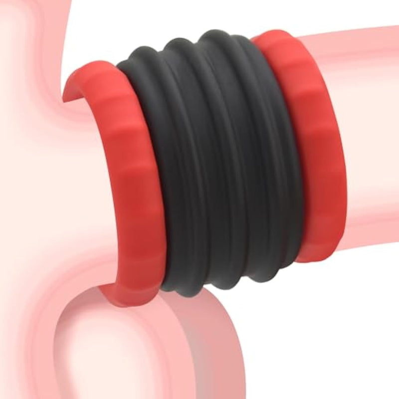 Double Penis Ring For Men - Red + Black Silicone Cock Ring For Harder Longer Stronger Erections - Erection Enhancing Sex Toy