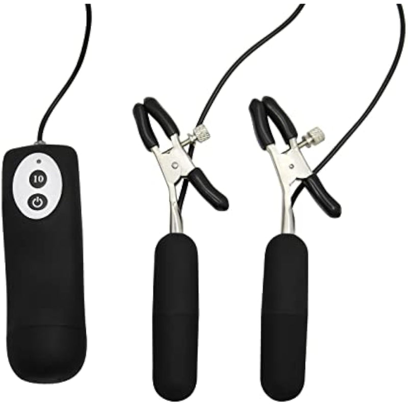 Vibrating Bdsm Nipple Clamps - 10 Functions Of Vibration & Pulsation - Adjustable & Rubber-Tipped - Enhance Sensitivity & Intensify Climax - Handheld Remote - 29" Cord - Increase Arousal & Pleasure
